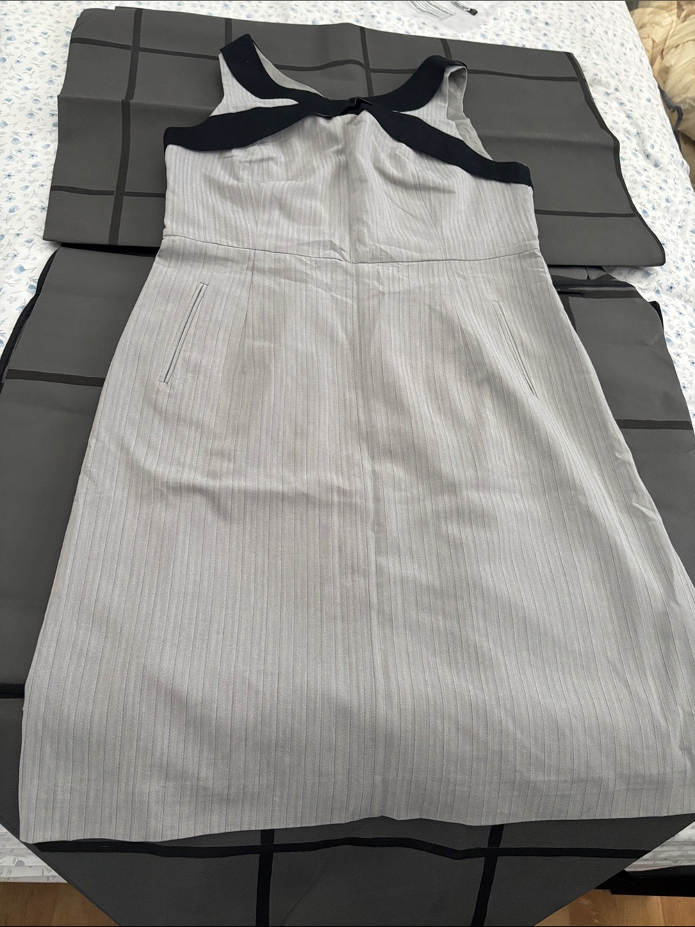 BCBG Paris Light Gray Pinstripe Pencil Dress with Navy Trim
